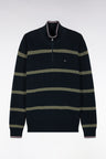 Pull rayé à col camionneur zippé en coton marine et kaki coupe droite