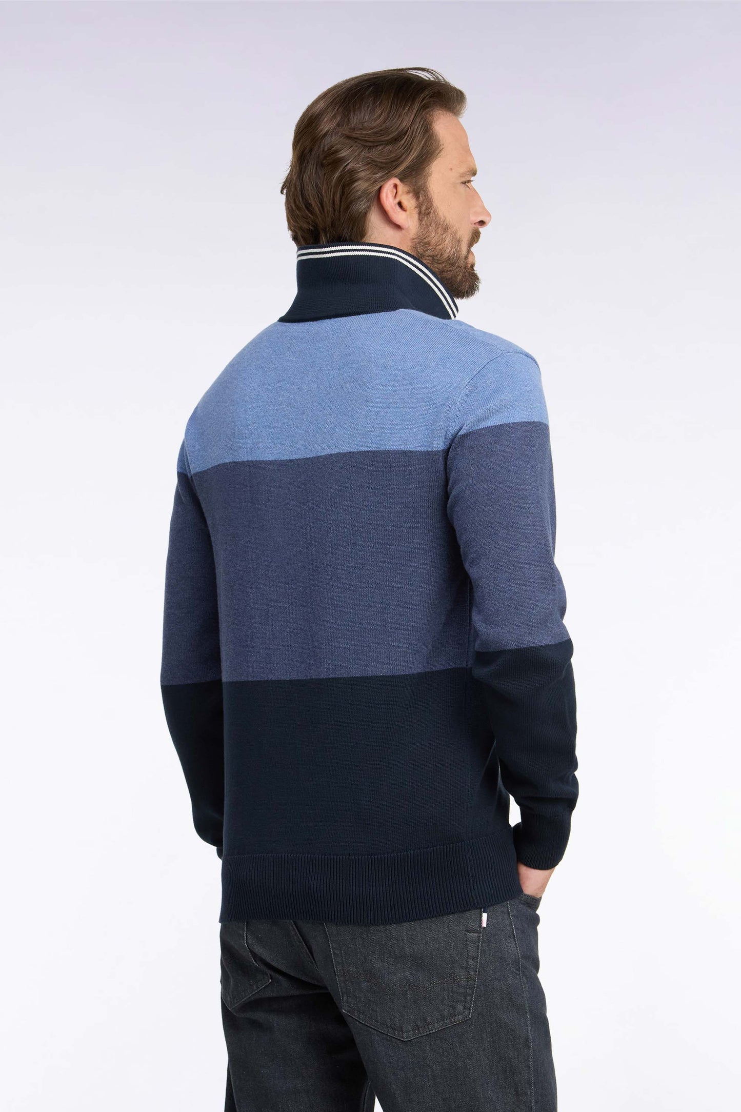 Pull à col maillot en coton tricolore à effet de rayures marine coupe regular