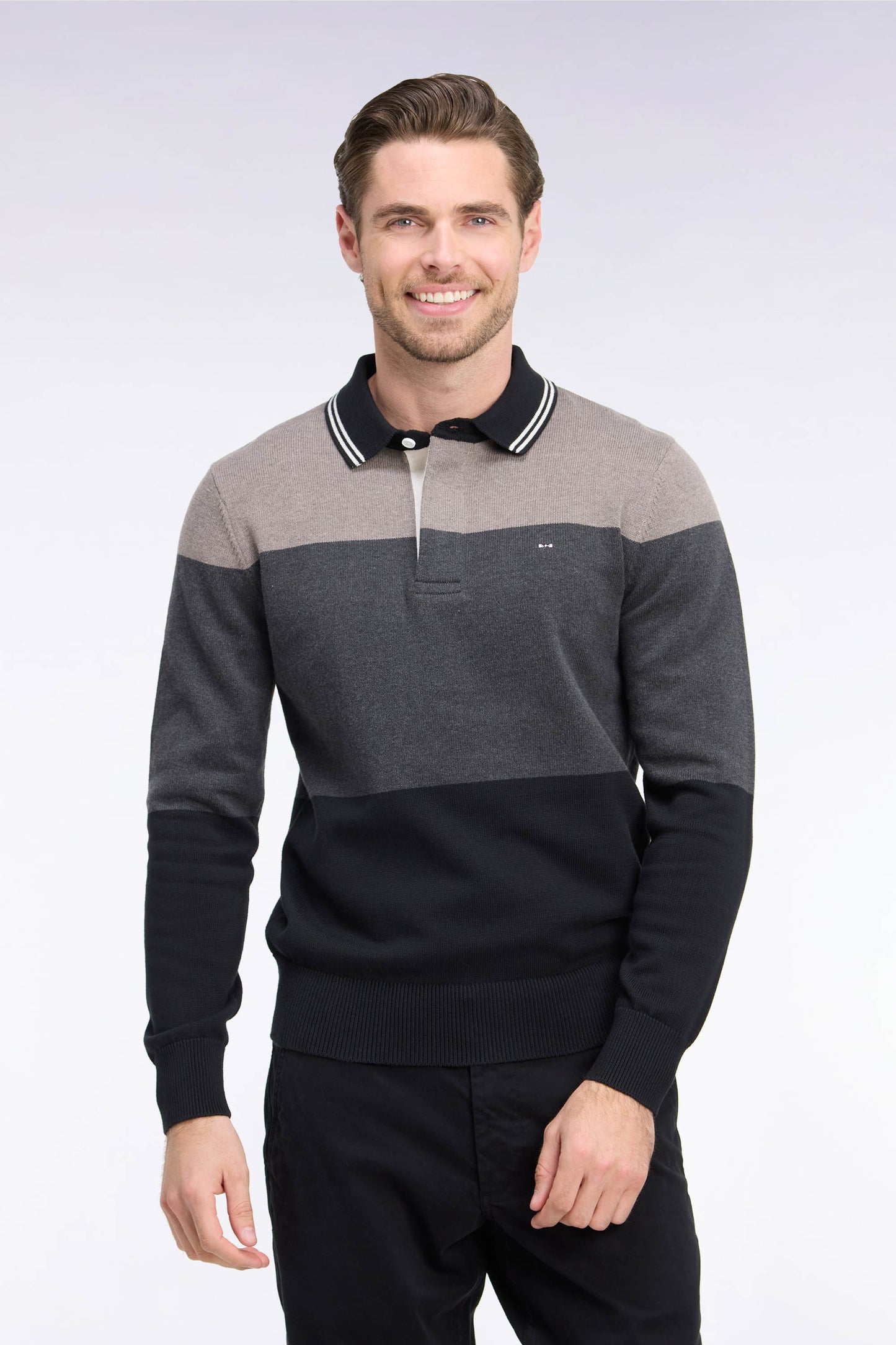 Pull à col maillot en coton tricolore à effet de rayures noir coupe regular