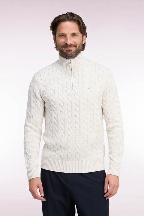 Pull à torsades à col camionneur en coton écru coupe droite - Image 3