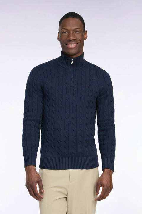 Pull à torsades à col camionneur en coton marine coupe droite - Image 3