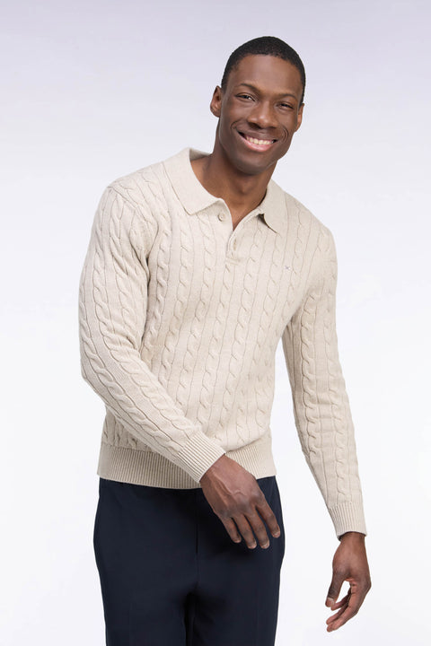 Pull à torsades et col maillot en coton beige coupe droite - Image 1