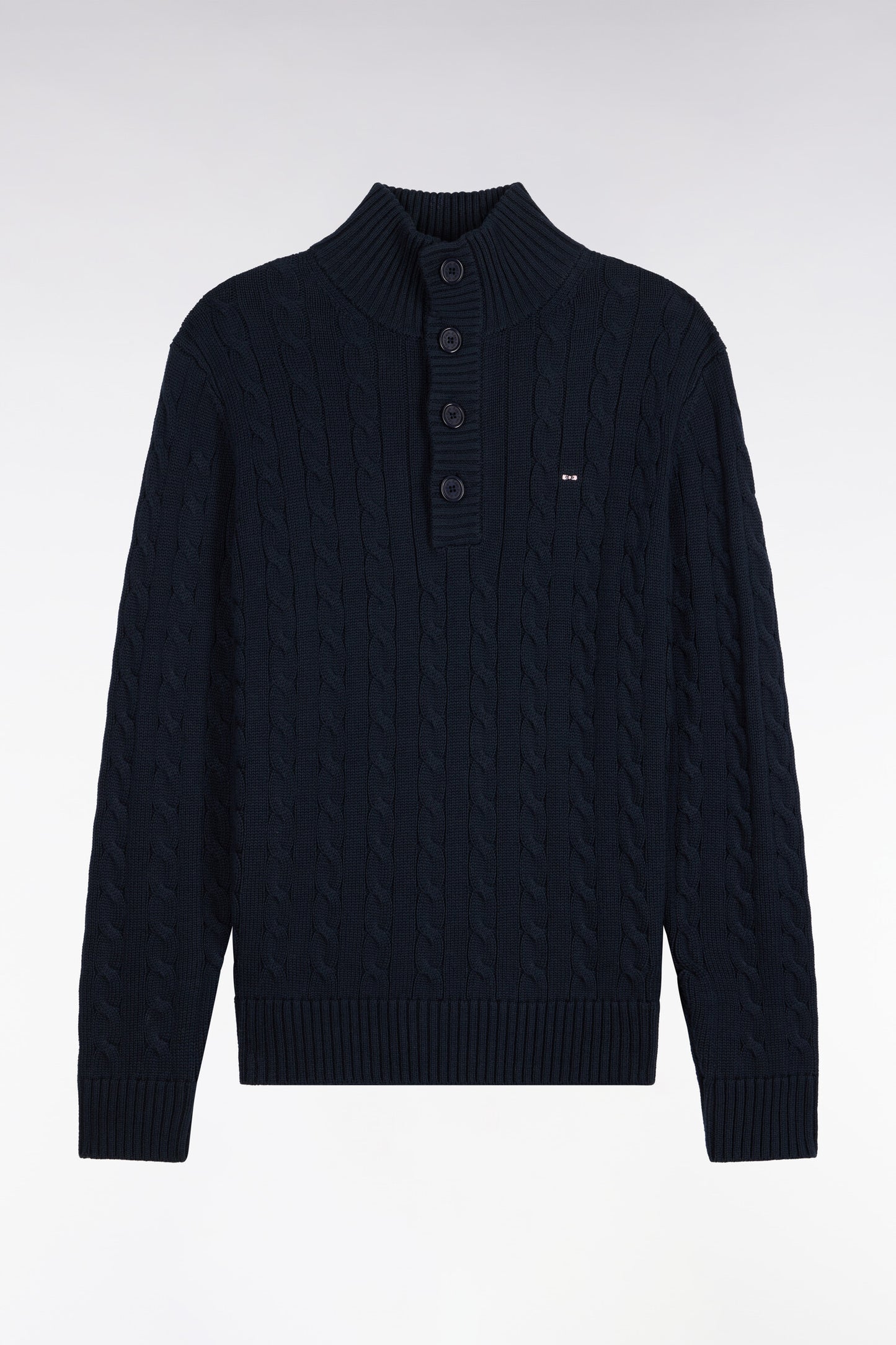 Pull à torsades col boutonné en coton marine coupe droite