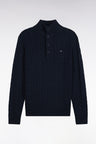 Pull à torsades col boutonné en coton marine coupe droite
