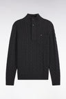 Pull à torsades col boutonné en coton gris coupe droite