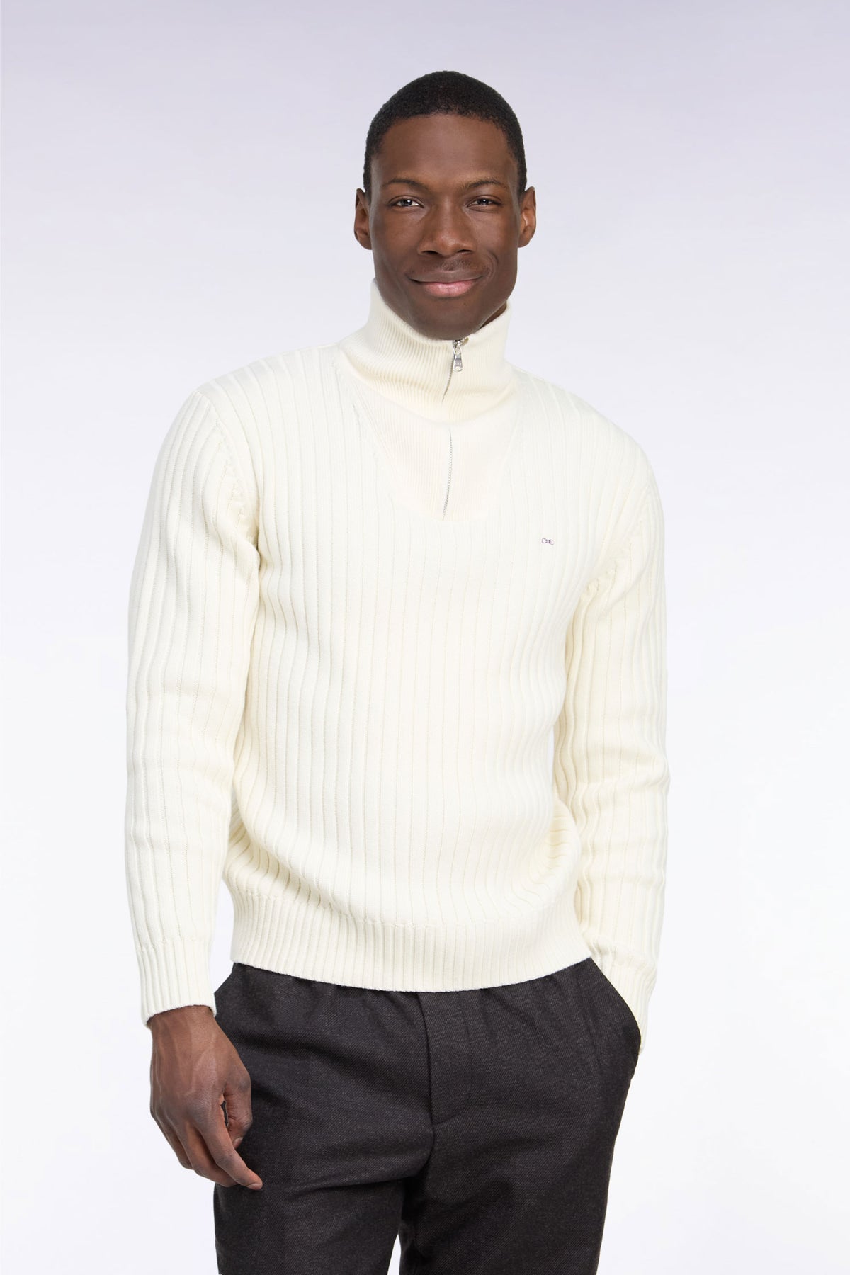 Straight cut ribbed ecru wool and cotton trucker neck sweater