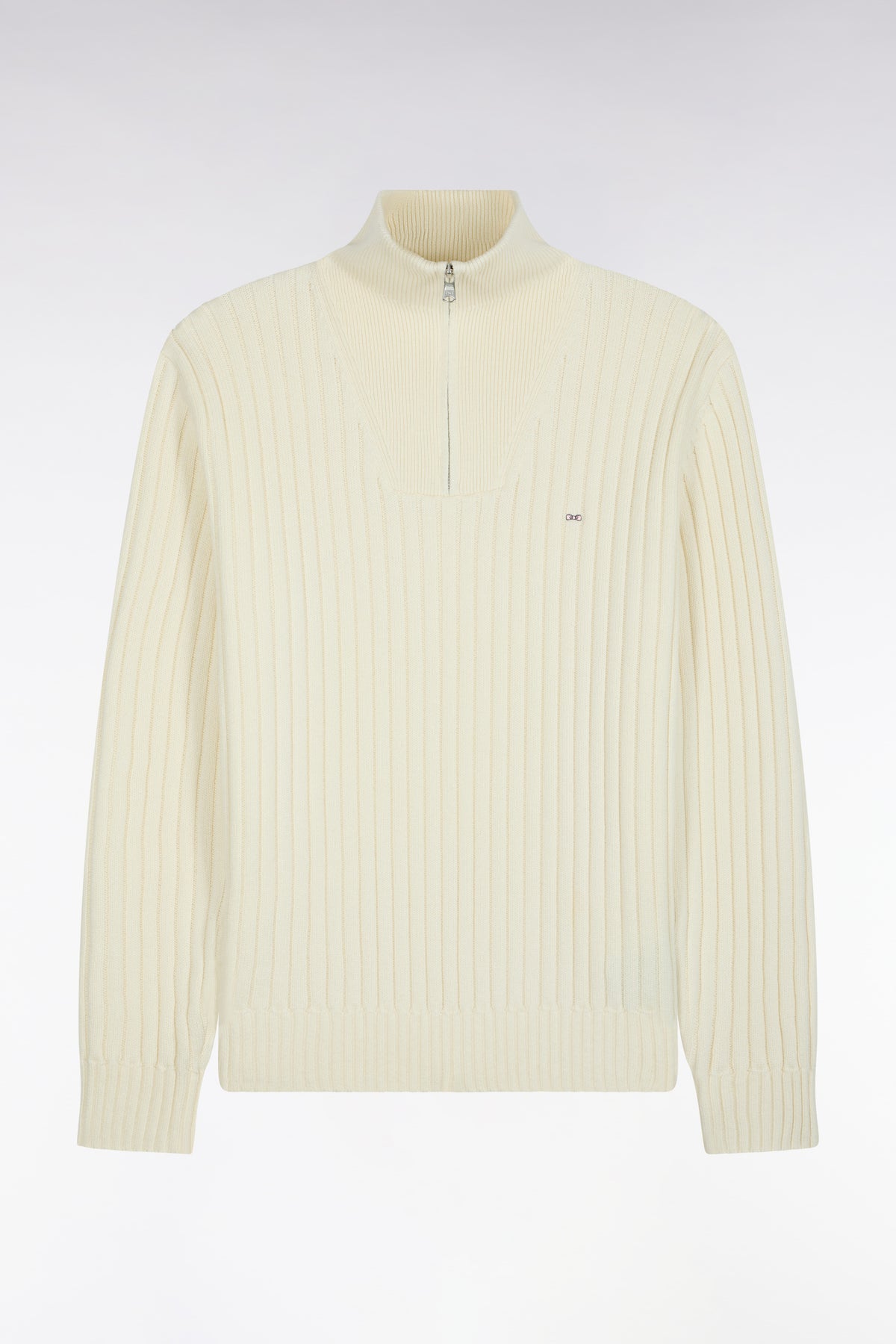 Straight cut ribbed ecru wool and cotton trucker neck sweater