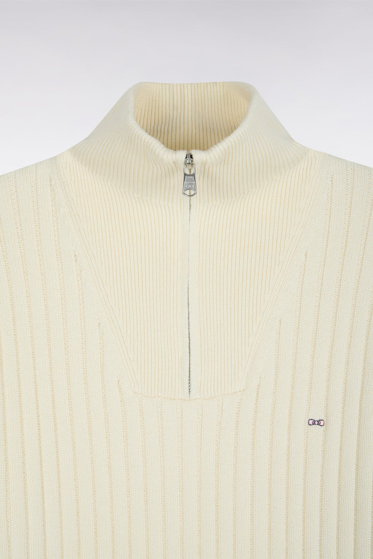 Straight cut ribbed ecru wool and cotton trucker neck sweater