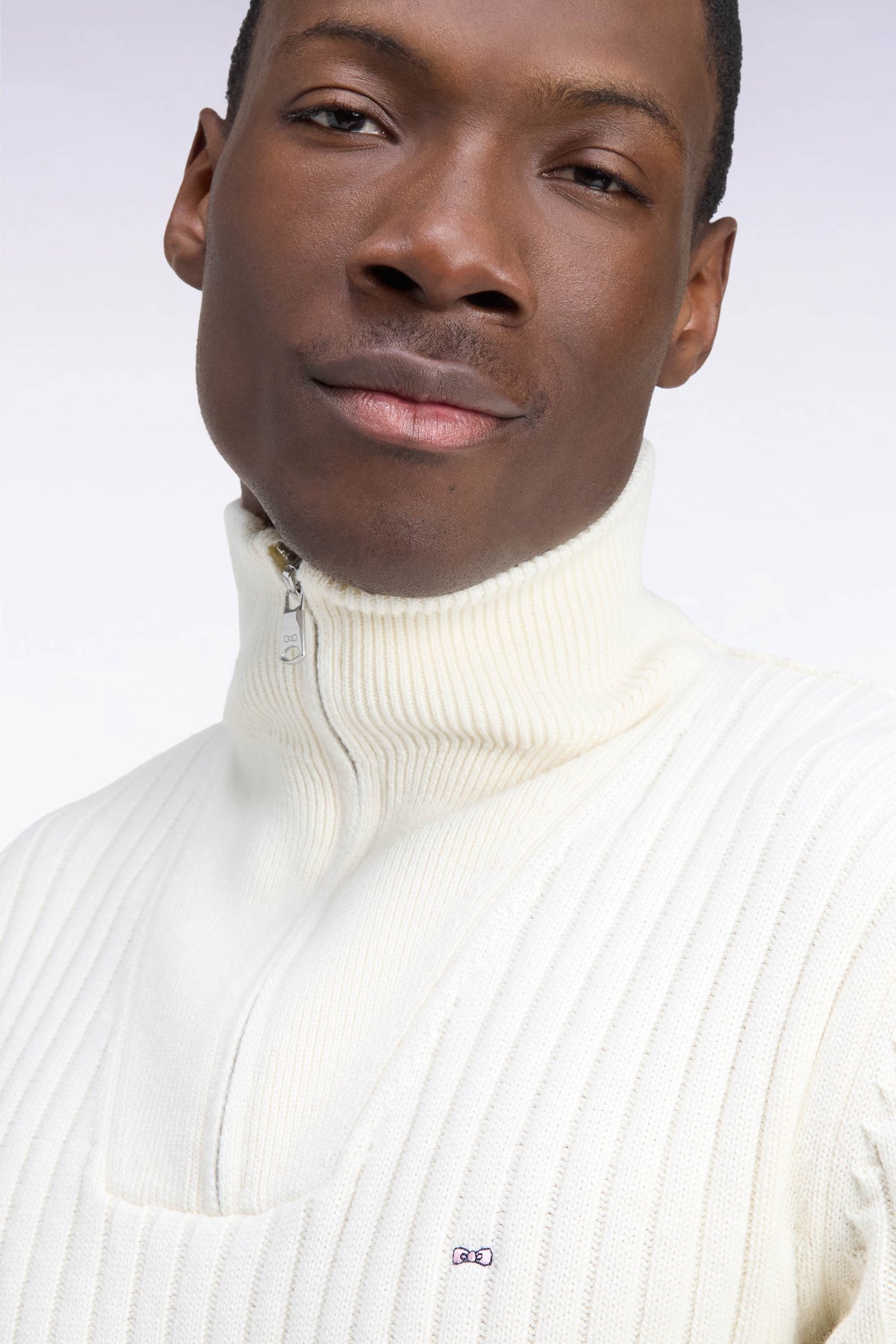 Straight cut ribbed ecru wool and cotton trucker neck sweater