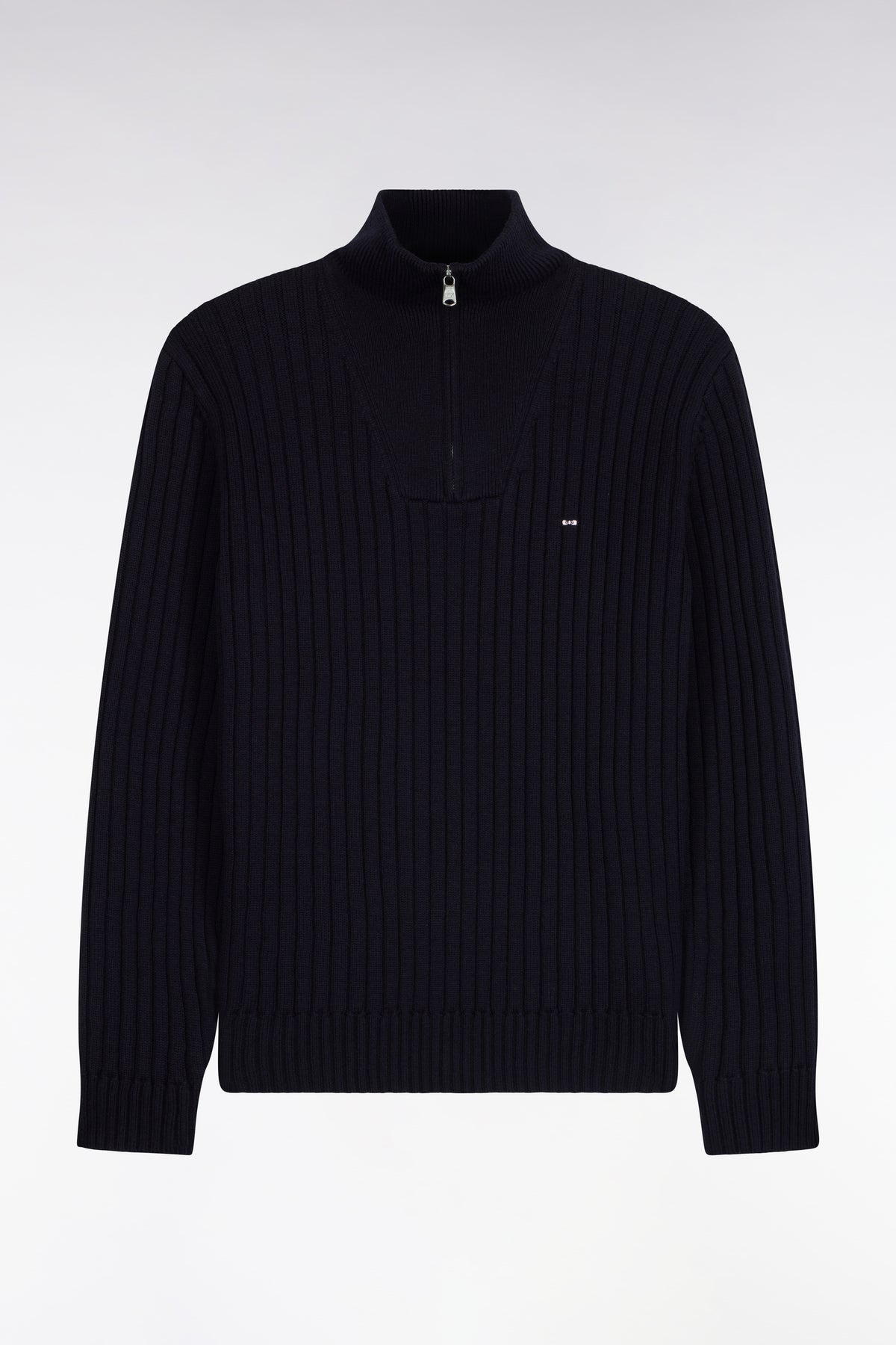 Straight cut ribbed navy wool and cotton trucker neck sweater