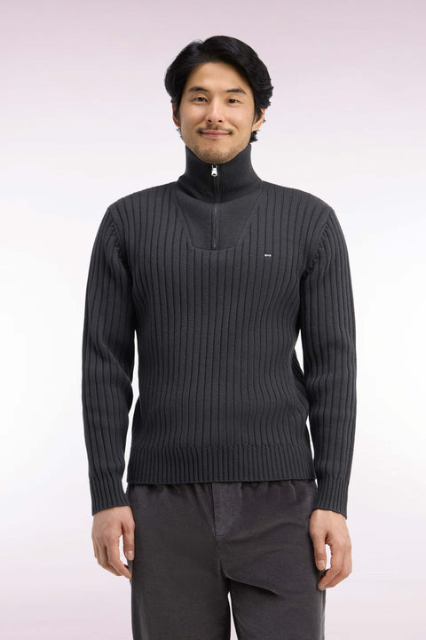 Pull col camionneur en laine et coton kaki côtelé coupe droite - Image 3