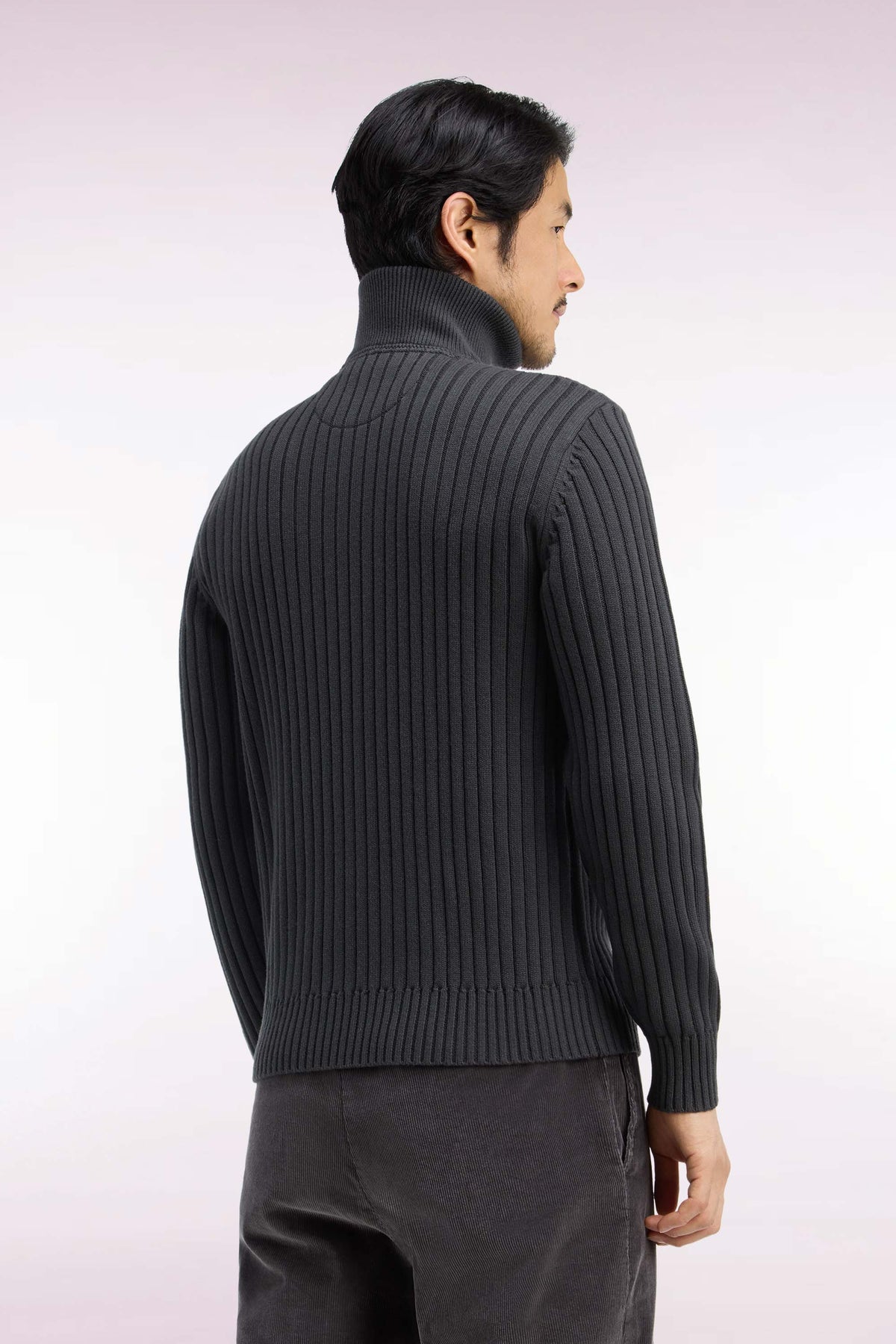 Straight cut ribbed khaki wool and cotton trucker neck sweater