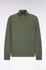 Pull col camionneur en laine et coton vert olive côtelé coupe droite