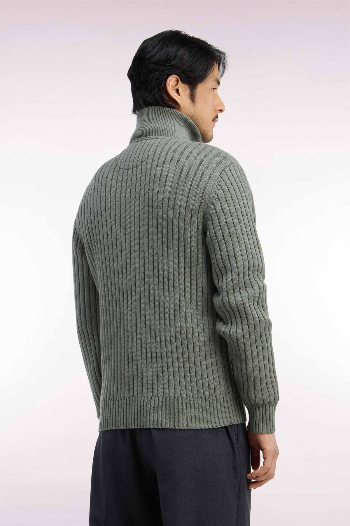 Straight cut ribbed olive green wool and cotton trucker neck sweater