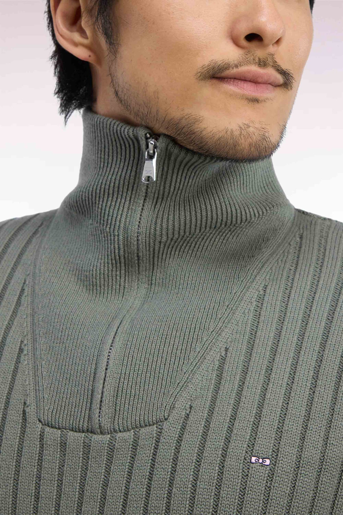 Straight cut ribbed olive green wool and cotton trucker neck sweater