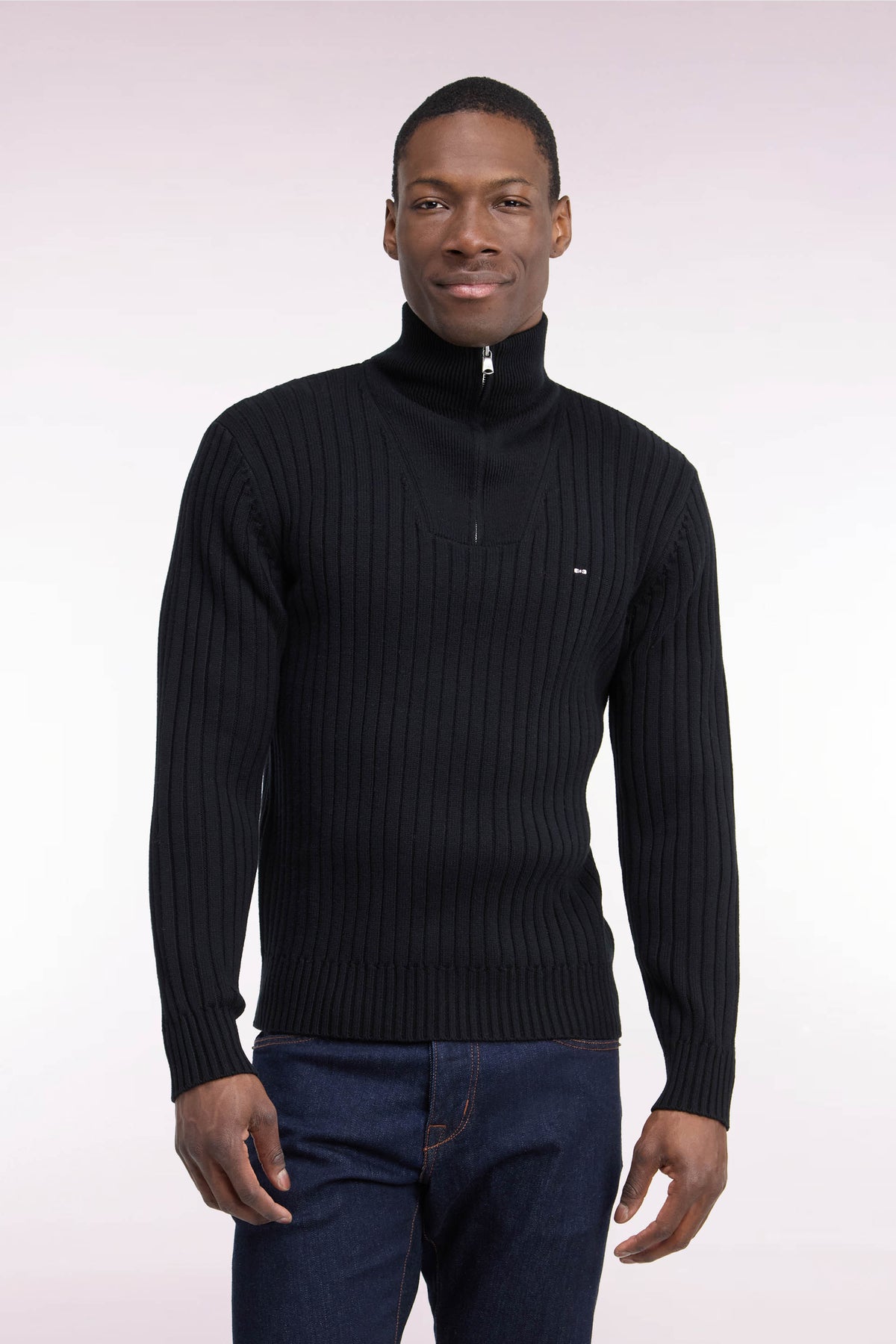 Straight cut ribbed black wool and cotton trucker neck sweater