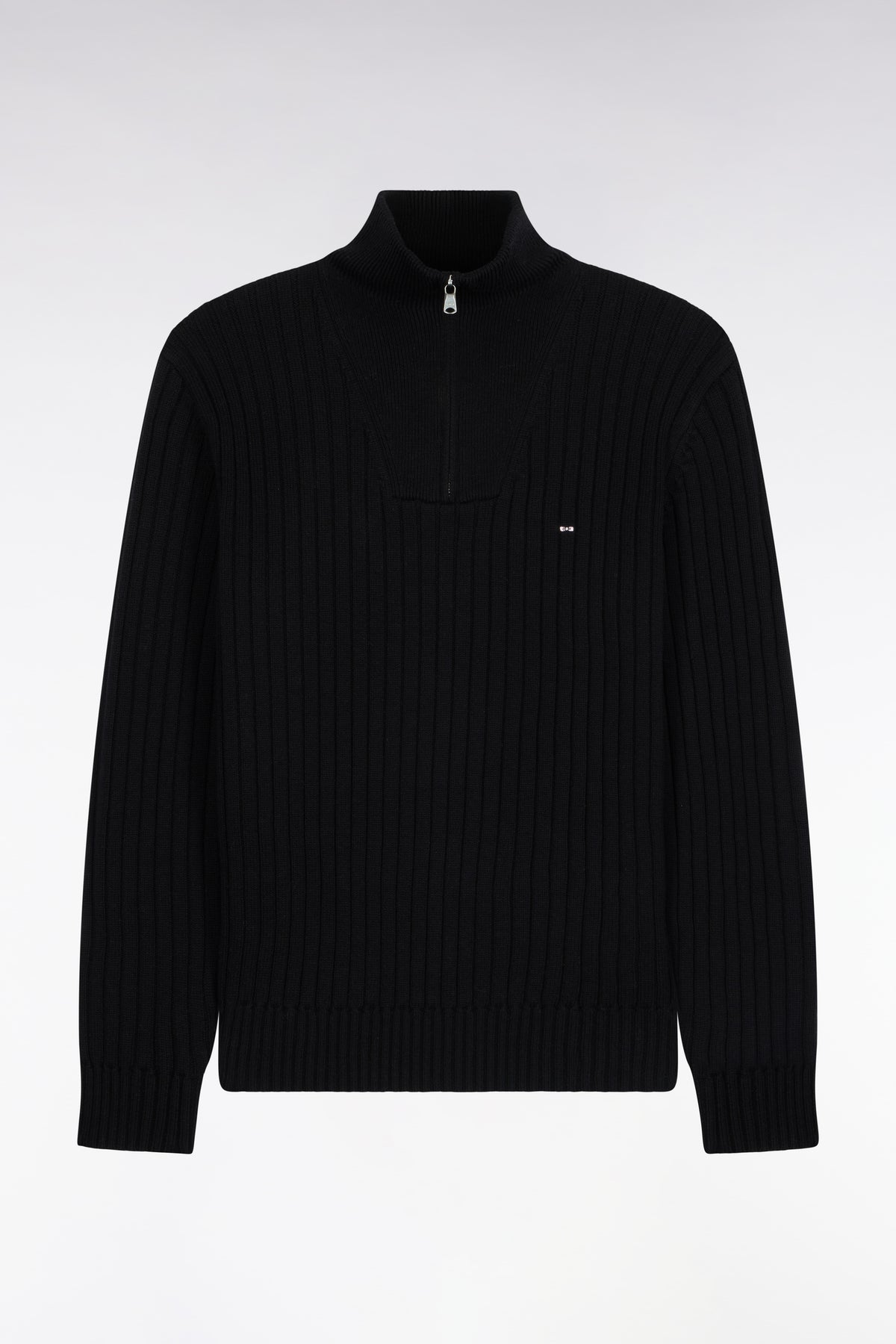 Straight cut ribbed black wool and cotton trucker neck sweater