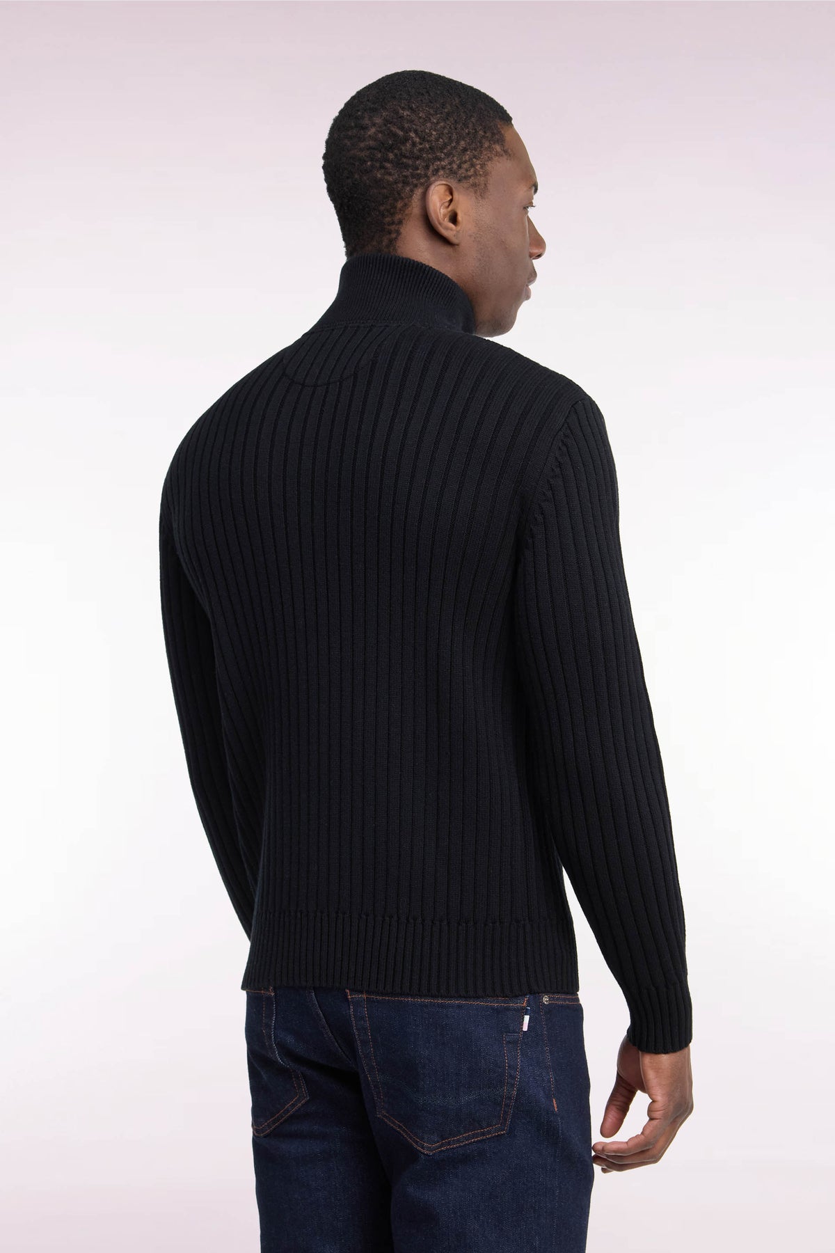Straight cut ribbed black wool and cotton trucker neck sweater