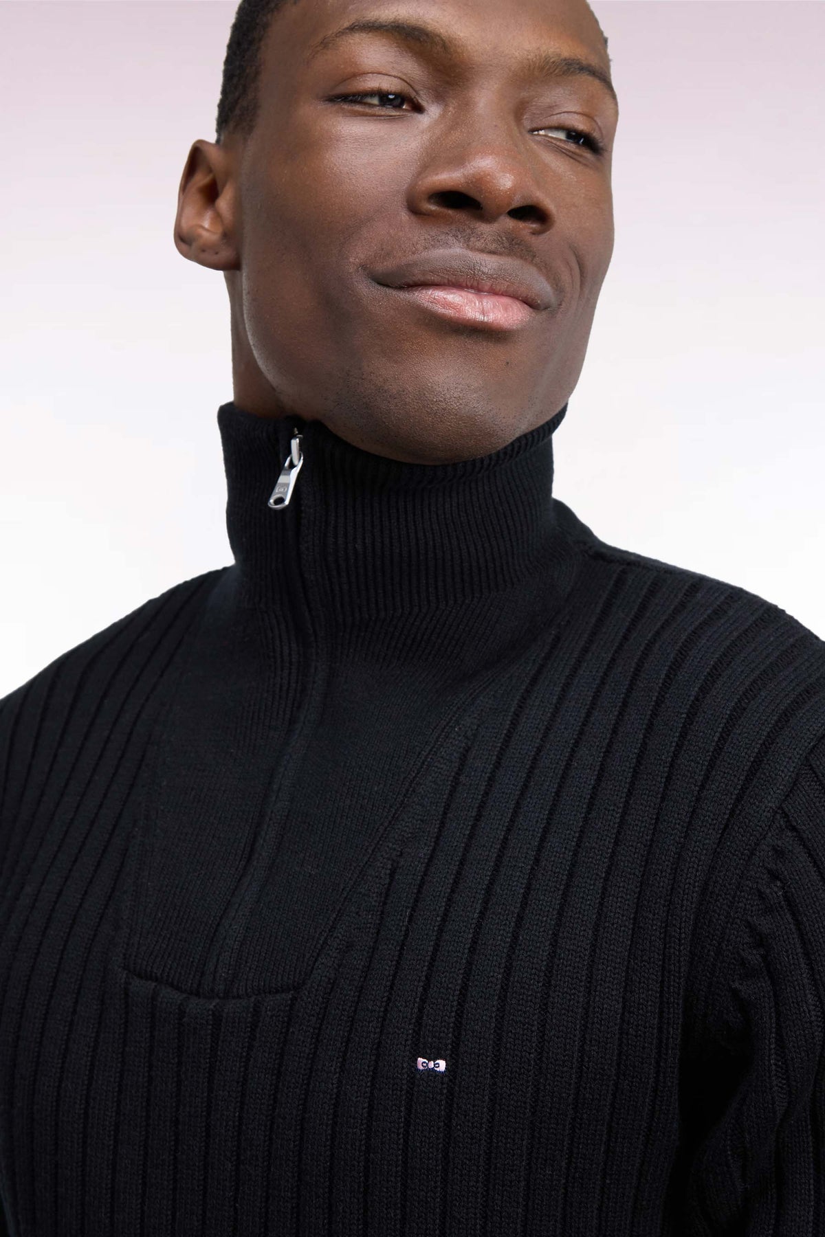 Straight cut ribbed black wool and cotton trucker neck sweater