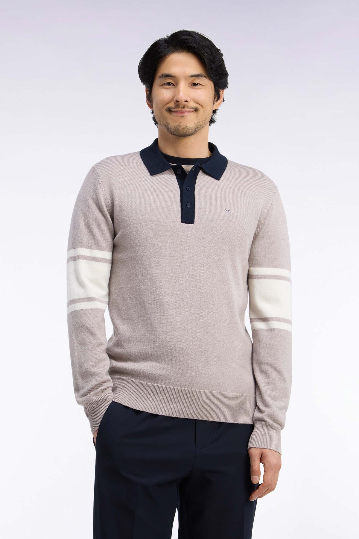 Beige merino wool jersey polo collar sweater