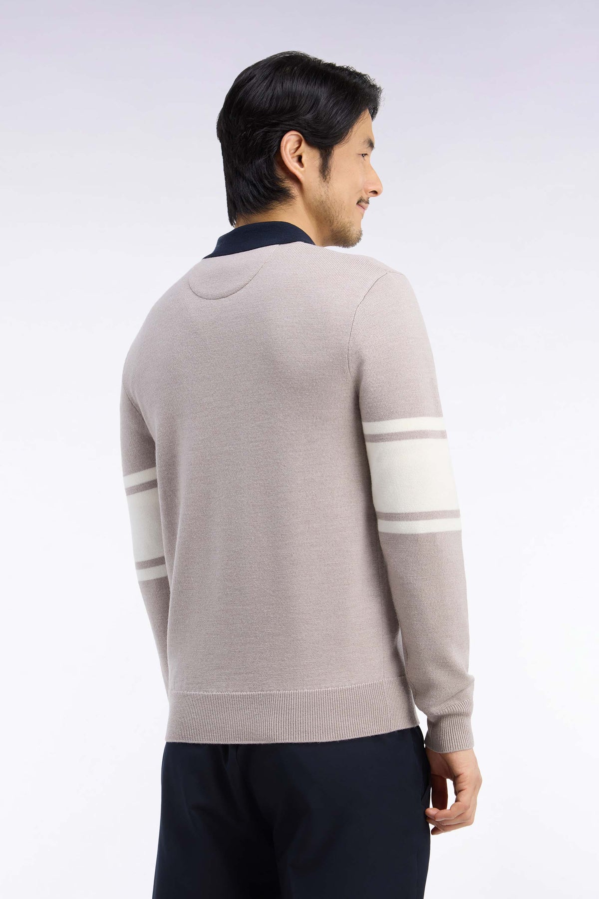Beige merino wool jersey polo collar sweater