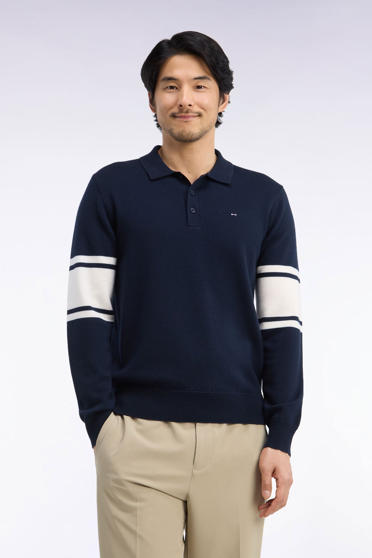 Polo collar sweater in navy merino wool jersey