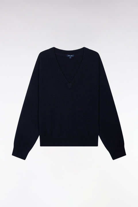 Pull col V en laine et coton marine coupe oversized - Image 2