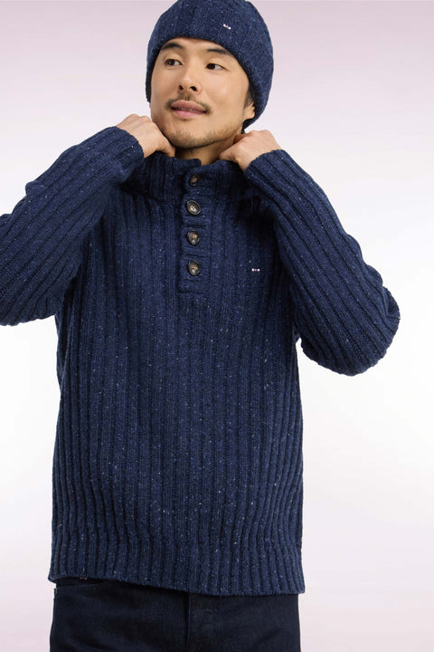 Pull à col montant boutonné en maille épaisse côtelée bleu chiné - Image 1