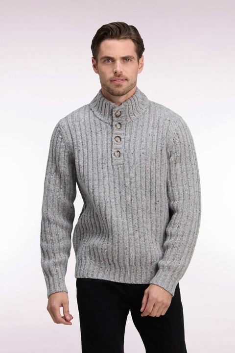 Pull à col montant boutonné en maille épaisse côtelée gris chiné - Image 3