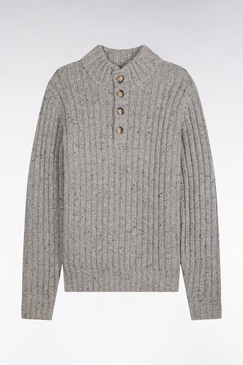 Pull à col montant boutonné en maille épaisse côtelée gris chiné - Image 2
