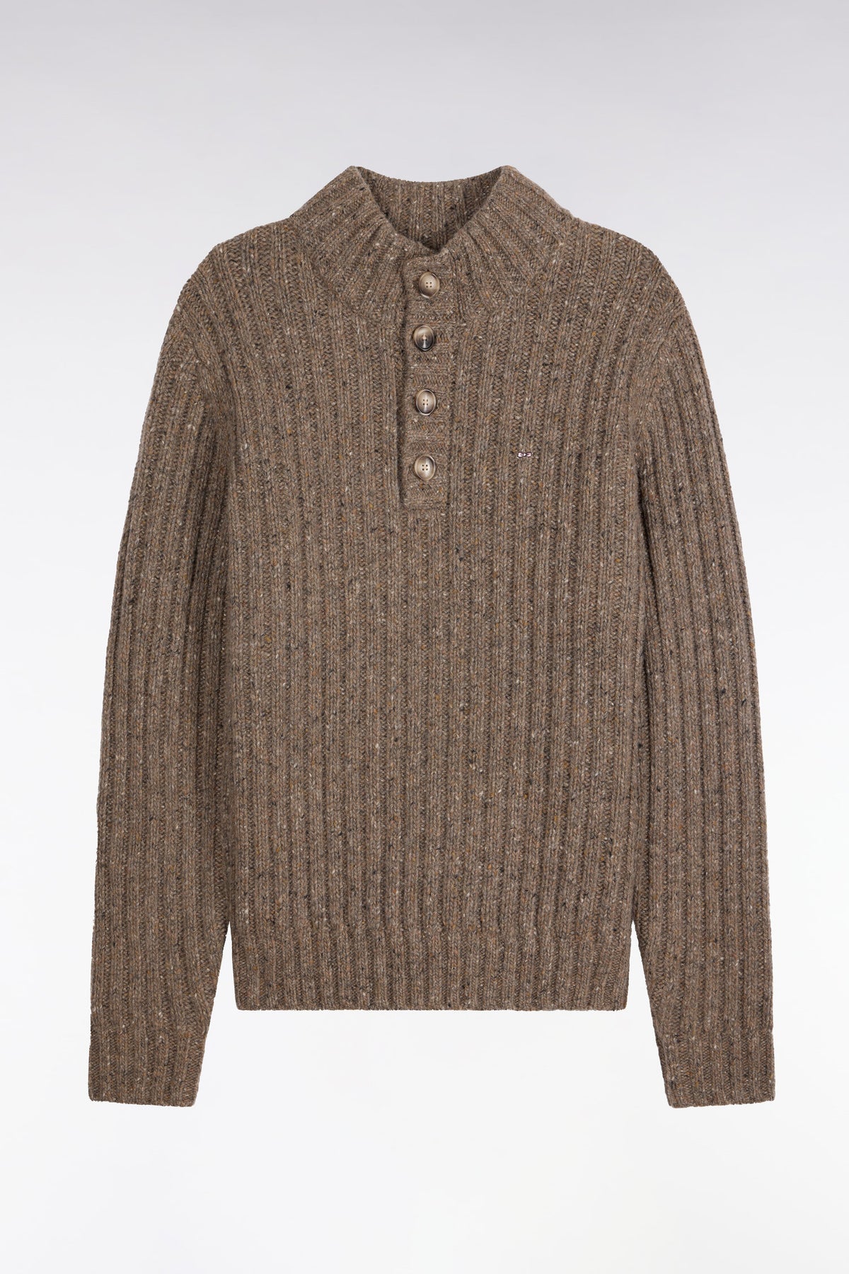Pull à col montant boutonné en maille épaisse côtelée kaki chiné