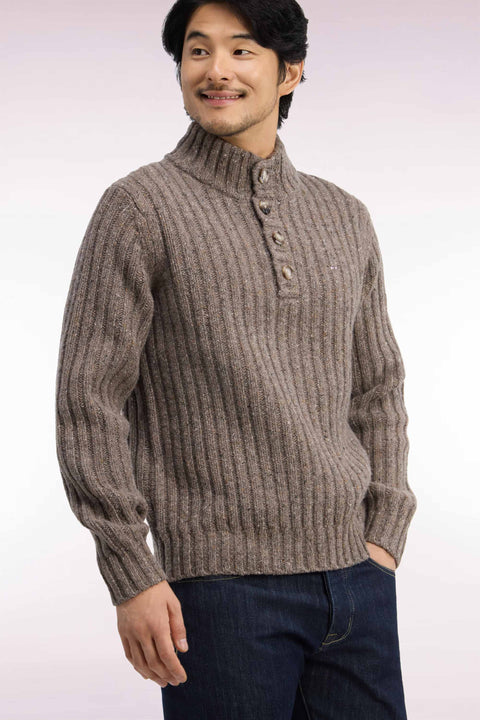 Pull à col montant boutonné en maille épaisse côtelée kaki chiné - Image 1