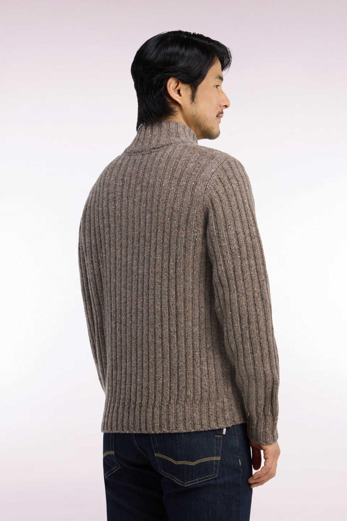 Pull à col montant boutonné en maille épaisse côtelée kaki chiné
