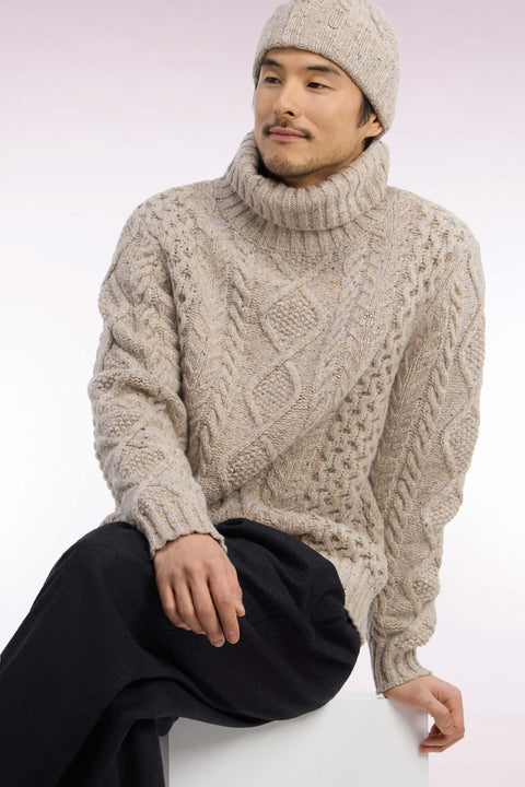 Beige cable knit straight fit turtleneck sweater - Image 1