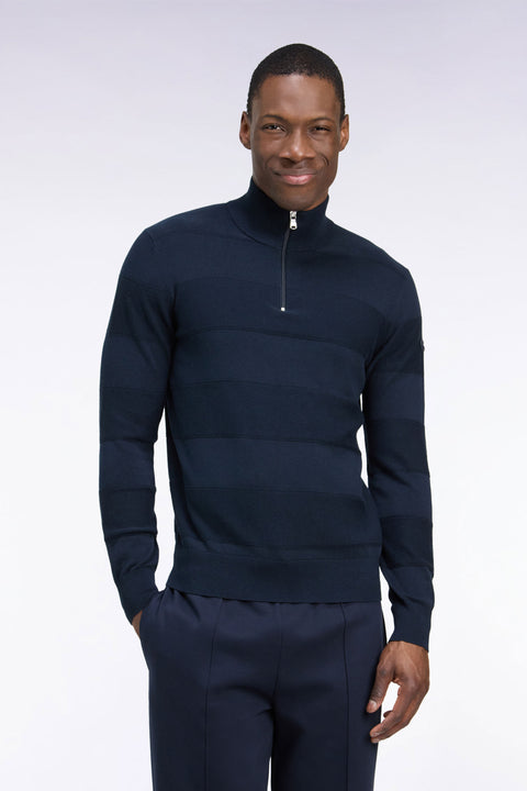 Golf sweater with zipped high collar in cotton and navy viscose, straight cut - Image 3