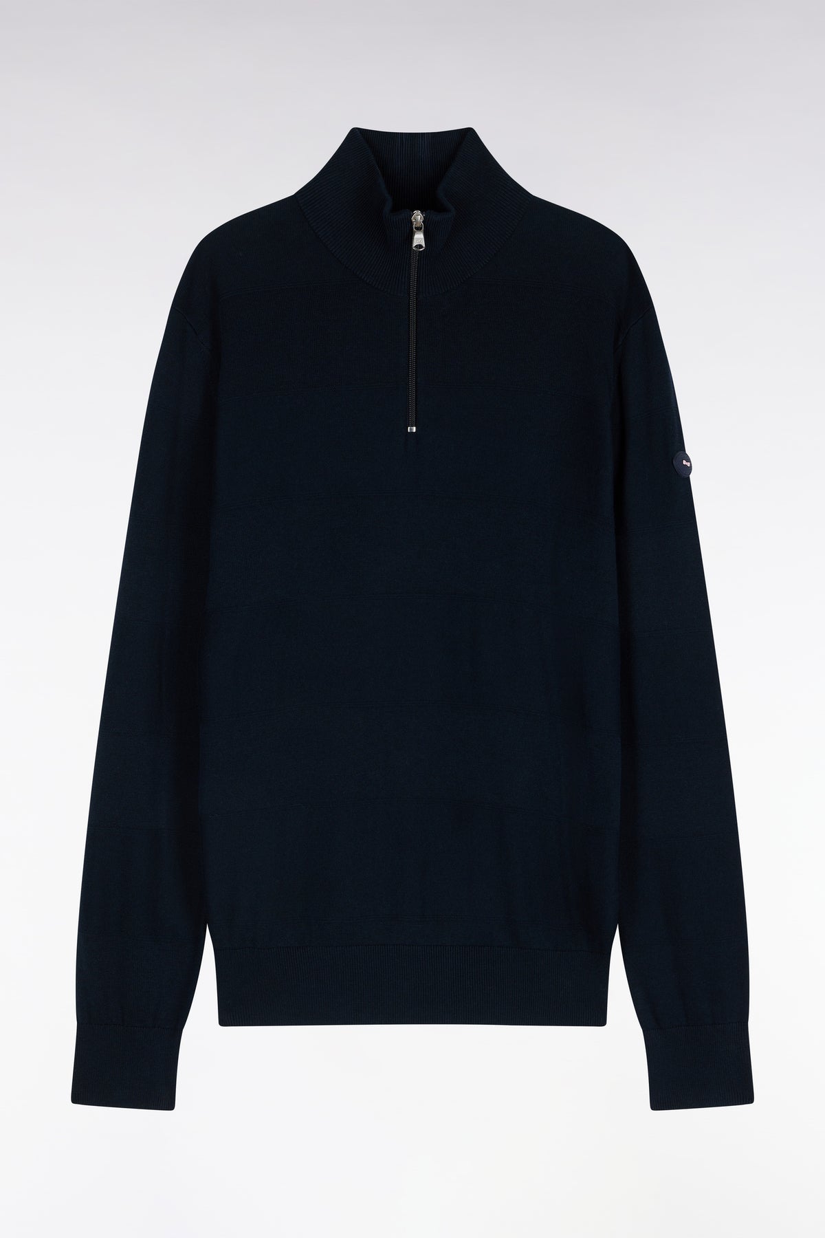 Golf sweater with zipped high collar in cotton and navy viscose, straight cut
