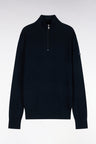 Golf sweater with zipped high collar in cotton and navy viscose, straight cut