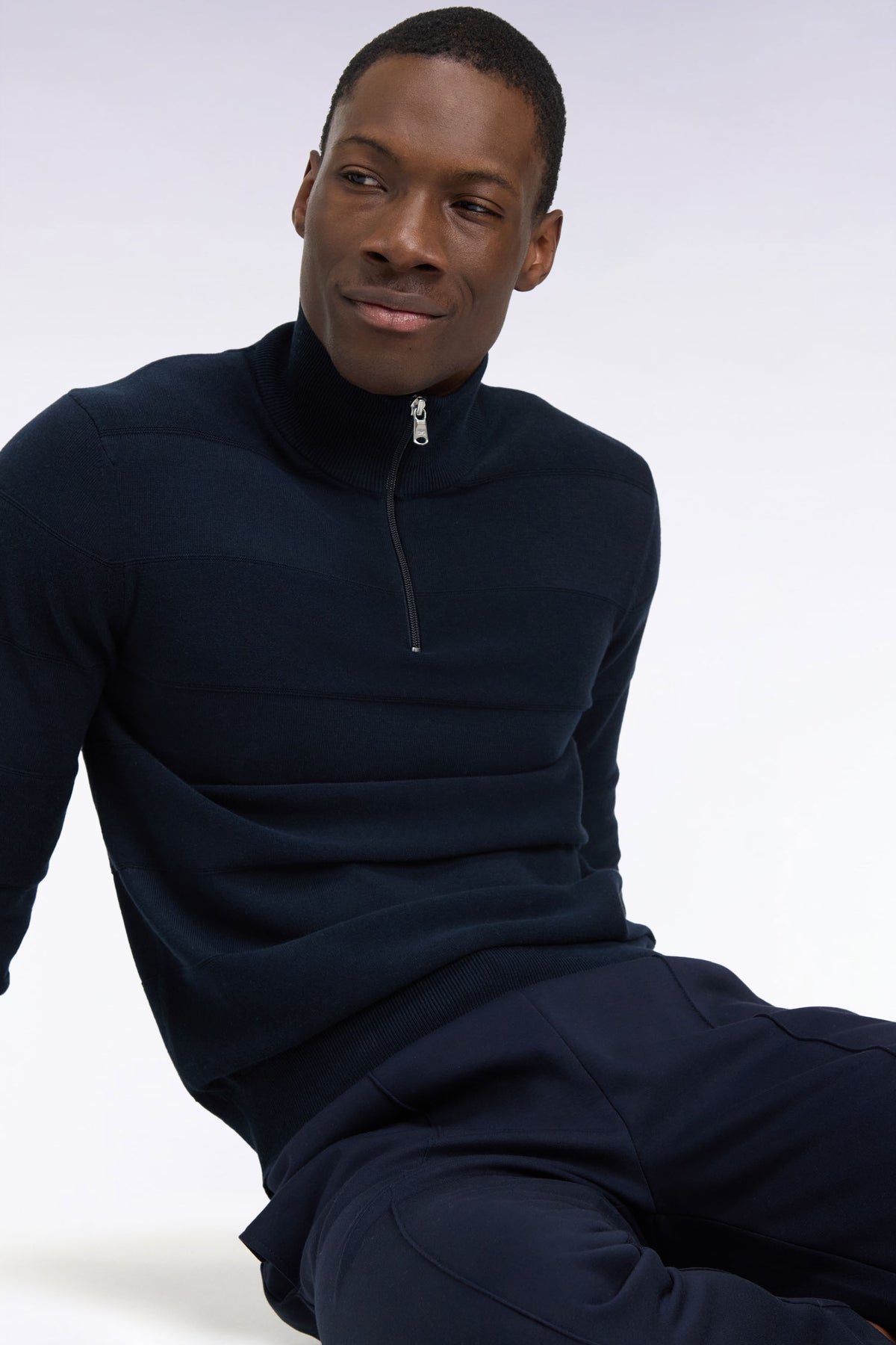 Golf sweater with zipped high collar in cotton and navy viscose, straight cut