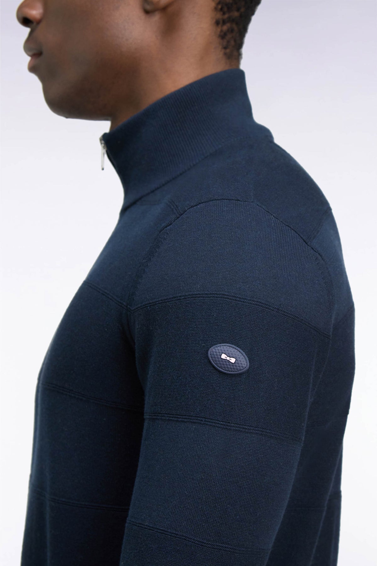 Golf sweater with zipped high collar in cotton and navy viscose, straight cut