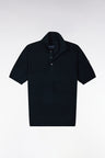 Short-sleeved golf sweater with polo collar in cotton and navy viscose, straight cut