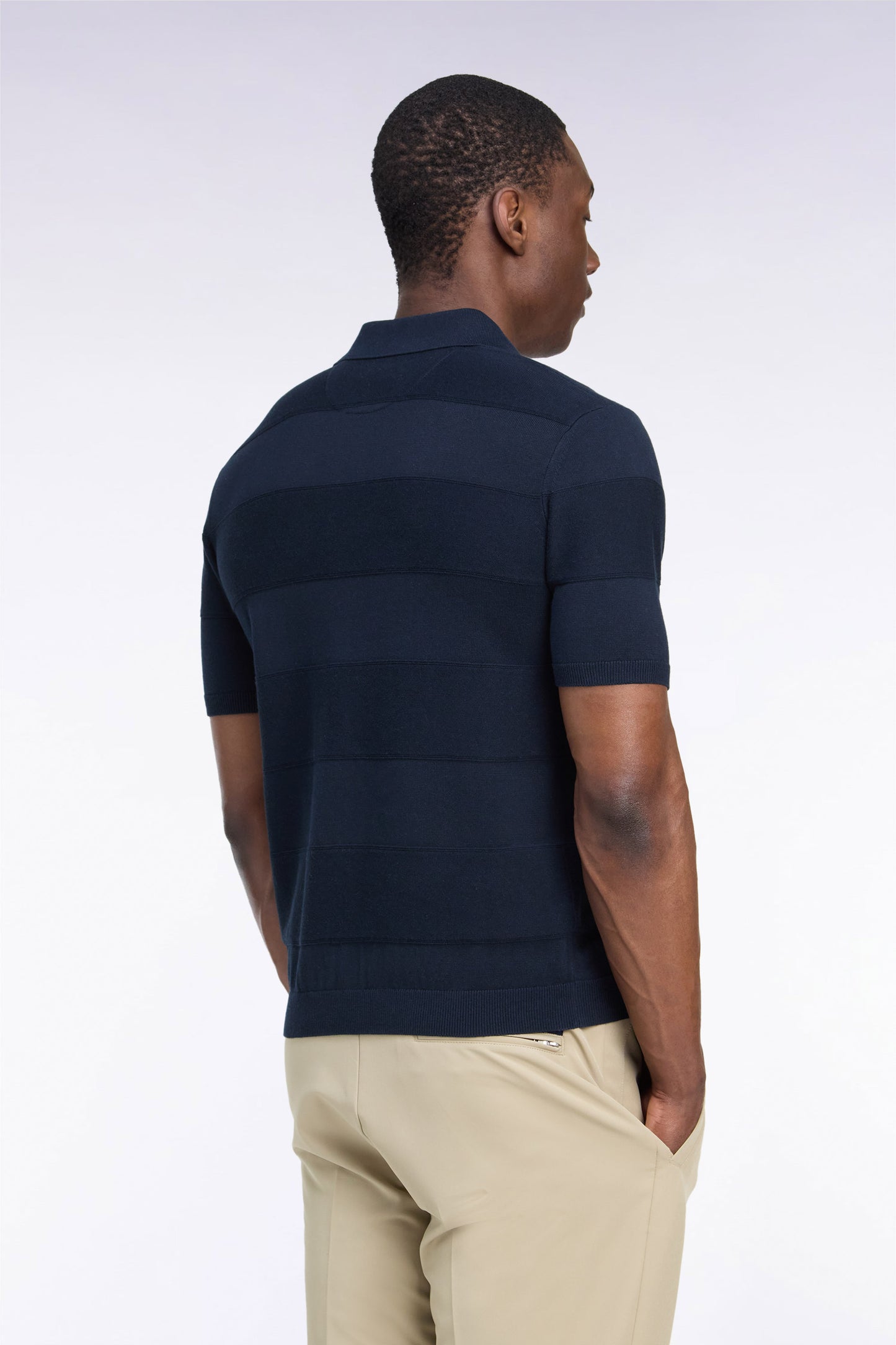 Pull manches courtes golf à col polo en coton et viscose marine coupe droite