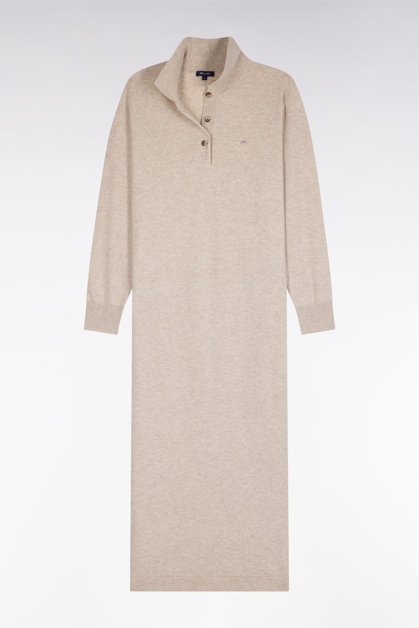 Robe midi à col polo en laine vierge et cachemire beige coupe droite