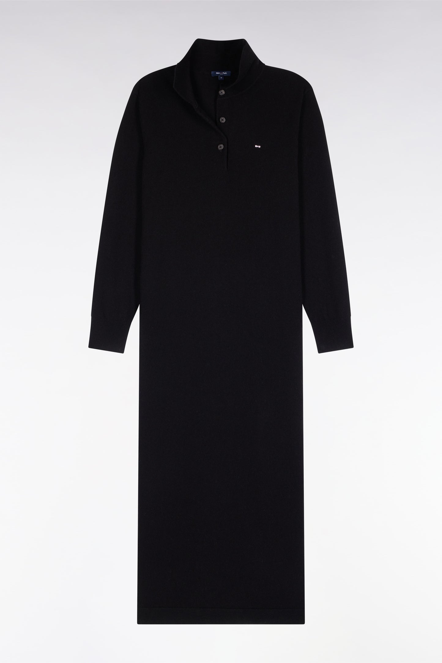 Robe midi à col polo en laine vierge et cachemire noire coupe droite