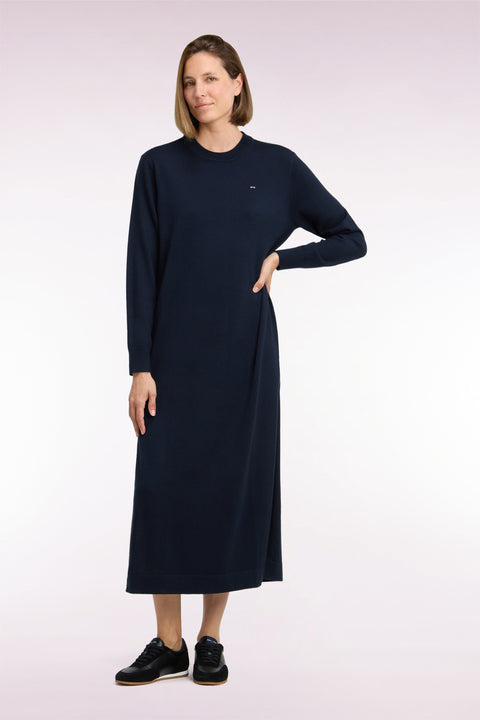 Robe midi fendue en laine marine coupe droite - Image 3
