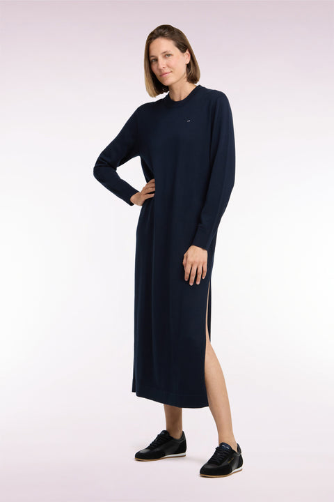 Robe midi fendue en laine marine coupe droite - Image 1