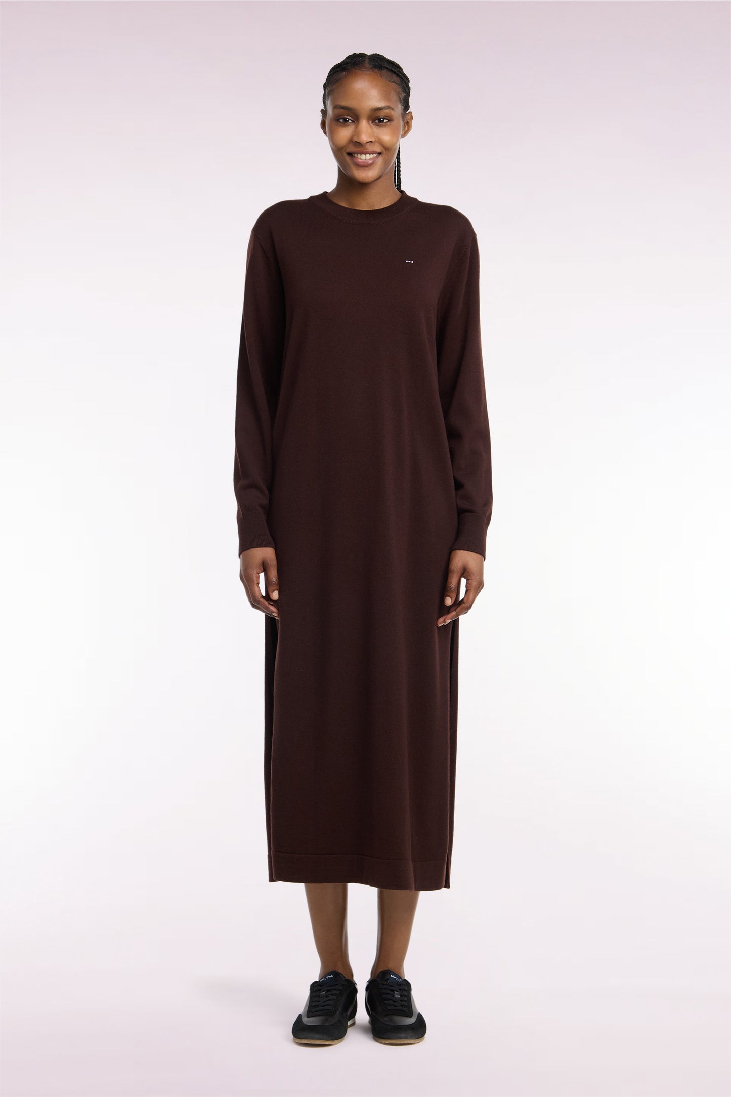 Robe midi fendue en laine marron coupe droite