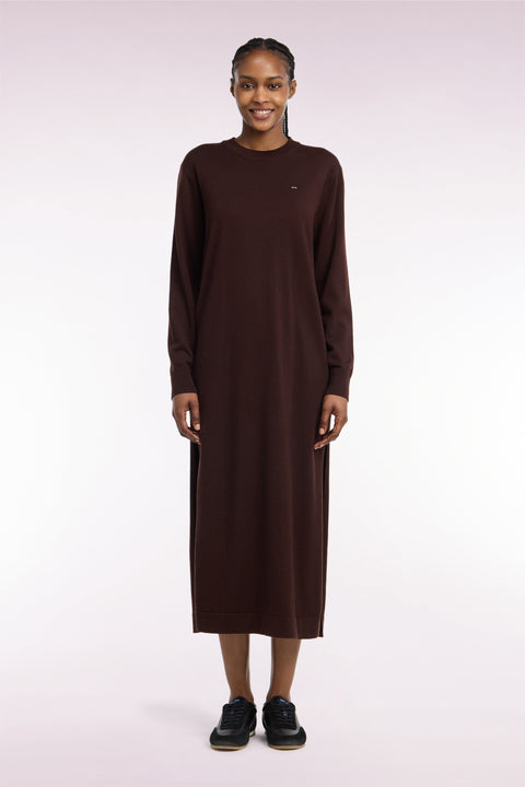 Robe midi fendue en laine marron coupe droite - Image 3
