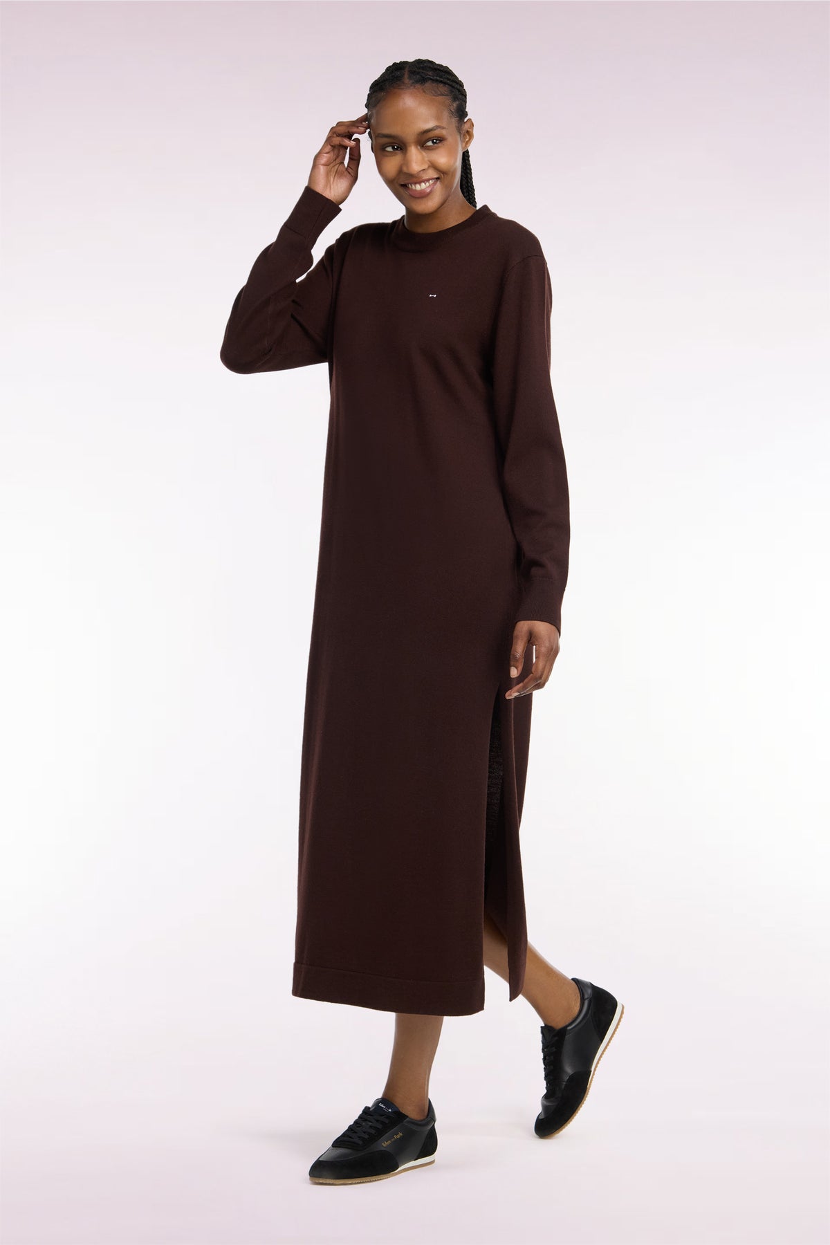 Robe midi fendue en laine marron coupe droite