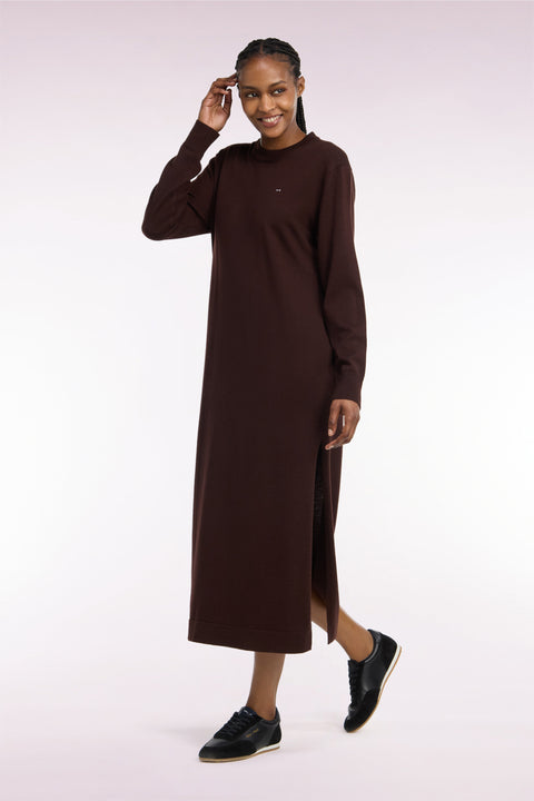 Robe midi fendue en laine marron coupe droite - Image 1