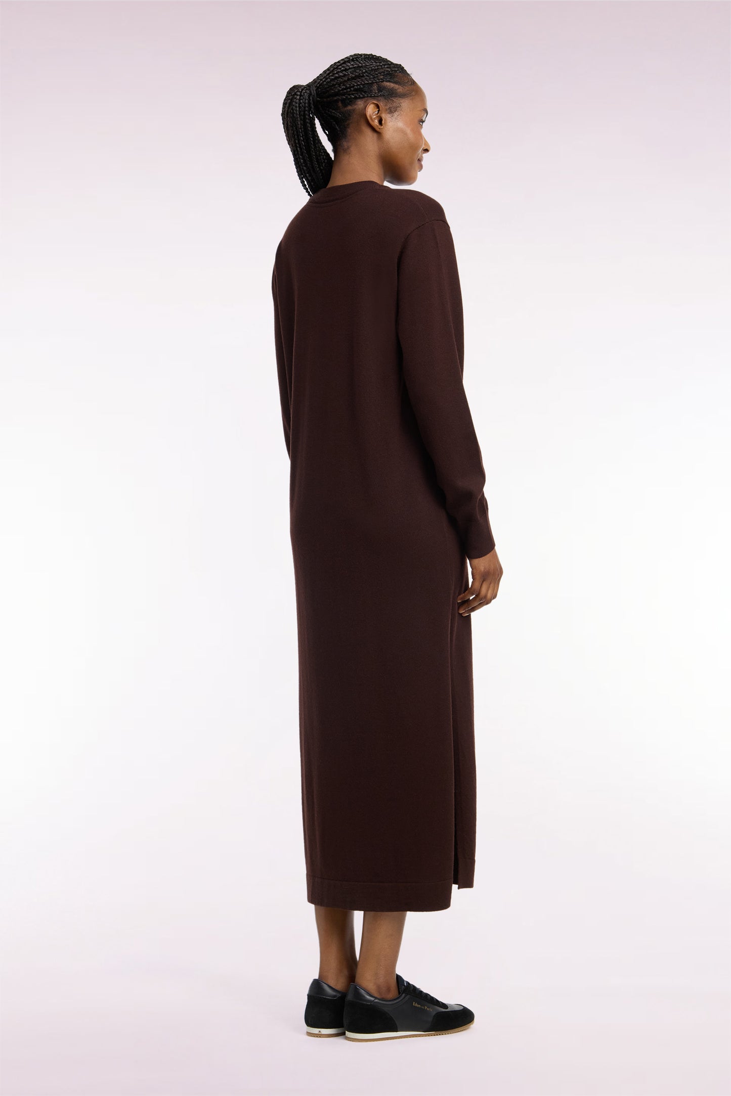 Robe midi fendue en laine marron coupe droite